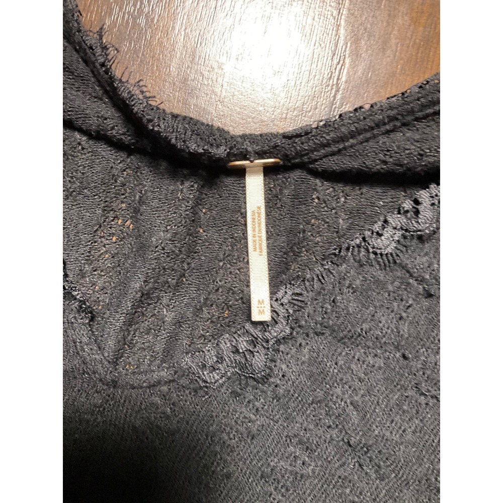 Free People Three People Black Lace Trim V-Neck Long Sleeve Knit Top Medium - Picture 2 of 2